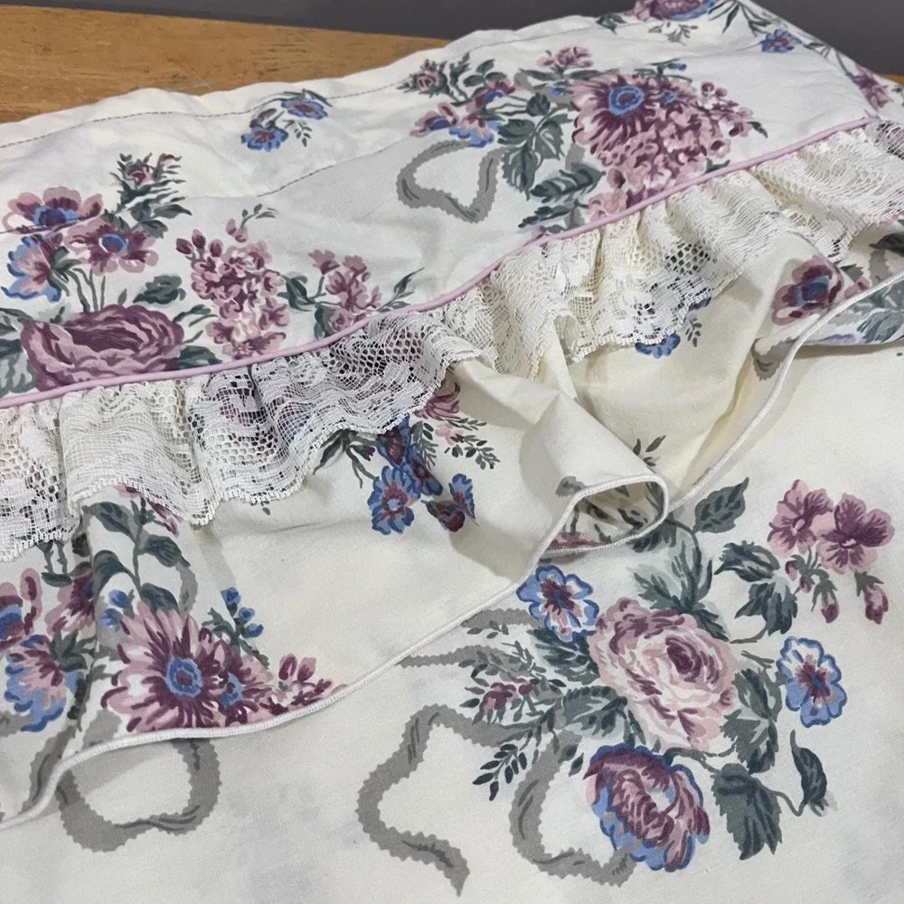 Handmade Floral Rose Ribbon Ruffle Lace Curtain Panels Cream Purple 39x86 Set‎ 2